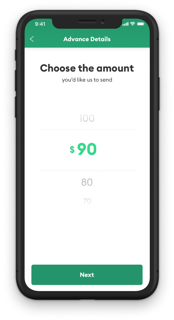 Brigit app screen in a phone where the user can select how much they want. It shows $90 selected.