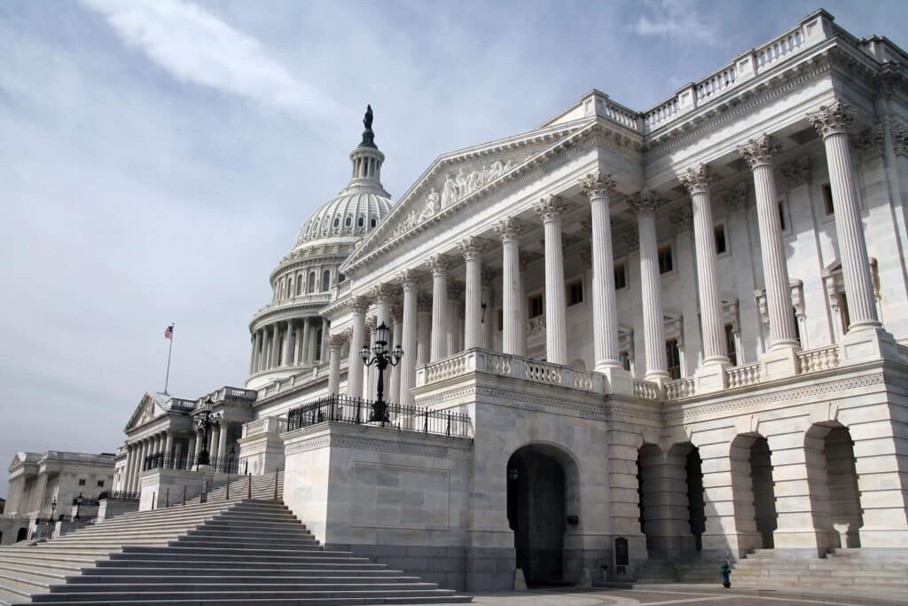 Government shutdown. US Capitol building from a low angle view