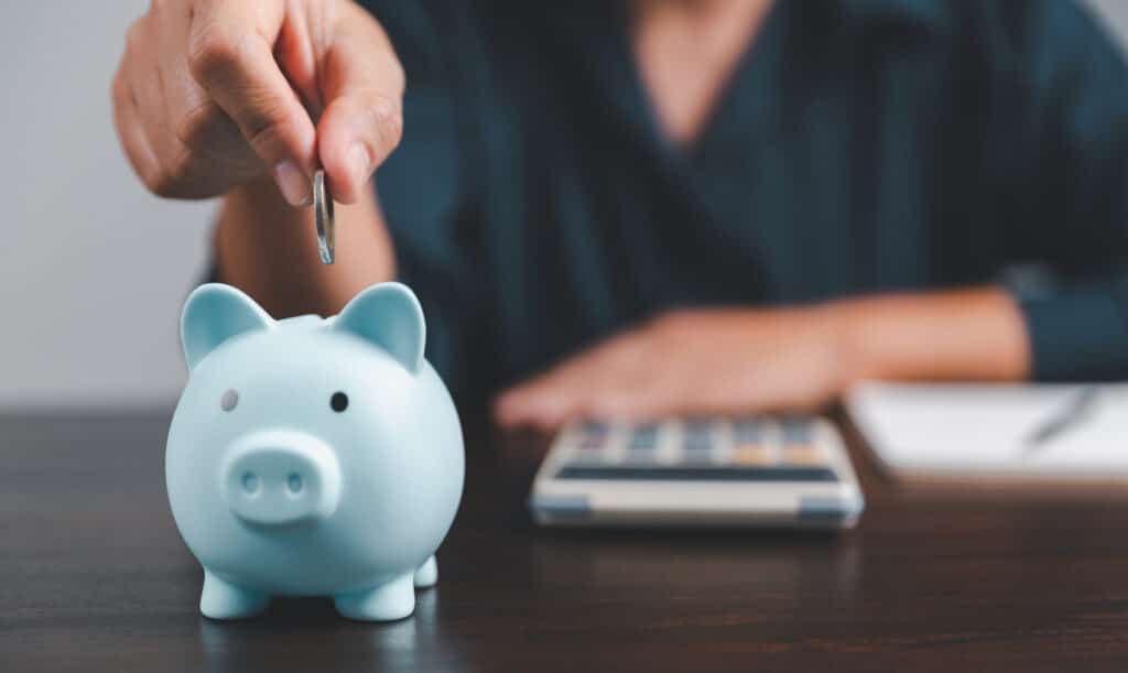 how to budget. Stack of coins with piggy bank on the table. Growth of loan and investment business idea. Asset Management, Funds, Liabilities, Deposits, Income, Successful.