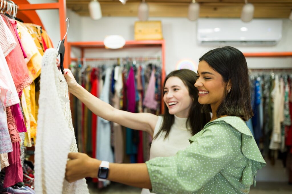 10 surprising ways to save money: Young women searching for a new dress at the clothing rack while shopping at a thrift store