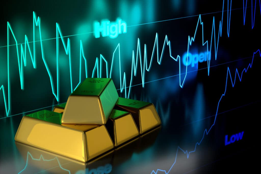 investment. 3D rendering gold bars or bullions with gold price chart background.