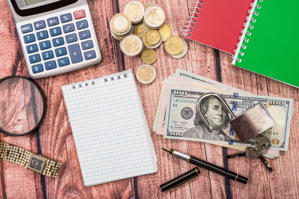 traditional budget. padlock with pen, dollar, coin, clock and calculator